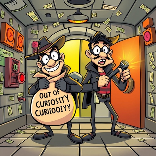 mockup design, Design a playful cartoon scene featuring two quirky robbers in a comic-style bank room. One robber, with a mischievous grin, clutches a large, overflowing bag labeled "Out of Curiosity." The other looks surprised, holding a flashlight. The room is filled with colorful banknotes, bright security alarms, and a whimsical vault door.