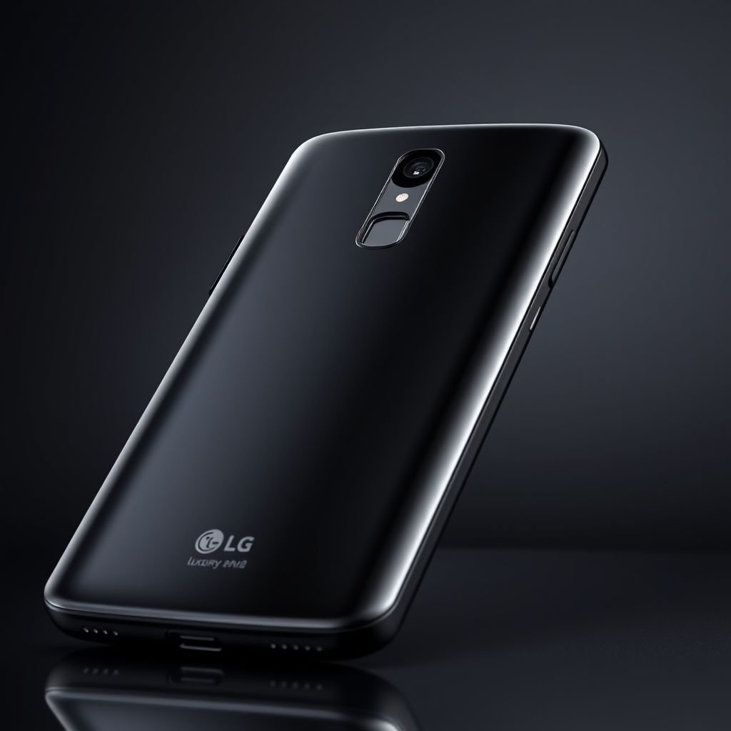 A sleek Lg smartphone glistening in glossy black, 6.0 inches of vibrant screen captivating attention. The elegant silhouette showcases a polished plastic finish, adorned with an impressive 40 Mp camera nestled at the rear. 5G insignia signifies cutting-edge technology, while the luxury price tag hints at sophistication and premium features.