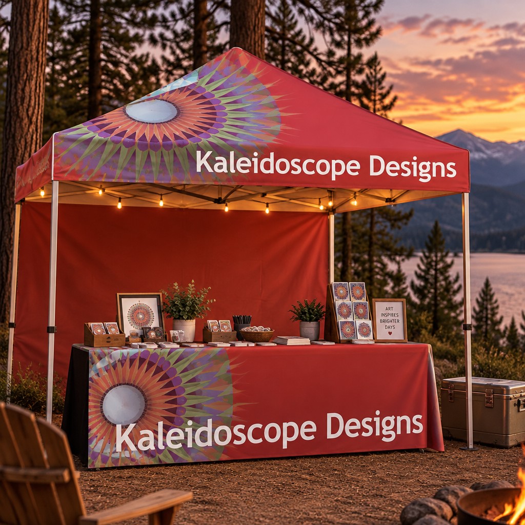 Add a table under the tent with the banner hung from the front of the table
Make the tent background match the banner. Make the font on the tent white.
Move the font on the banner down and mske it bigger, overlapping the design like in the uploaded file
