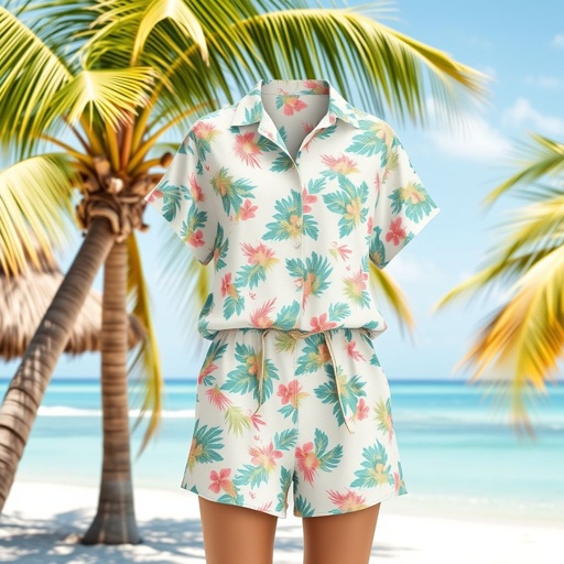mockup design, Create a vibrant mockup design featuring a stylish short set for summer. The ensemble includes a lightweight, patterned short-sleeve button-up shirt paired with matching high-waisted shorts. Showcase a tropical beach backdrop, highlighting the outfit's breathable fabric and playful prints. Emphasize versatility, comfort, and a relaxed, carefree vibe perfect for sunny days.