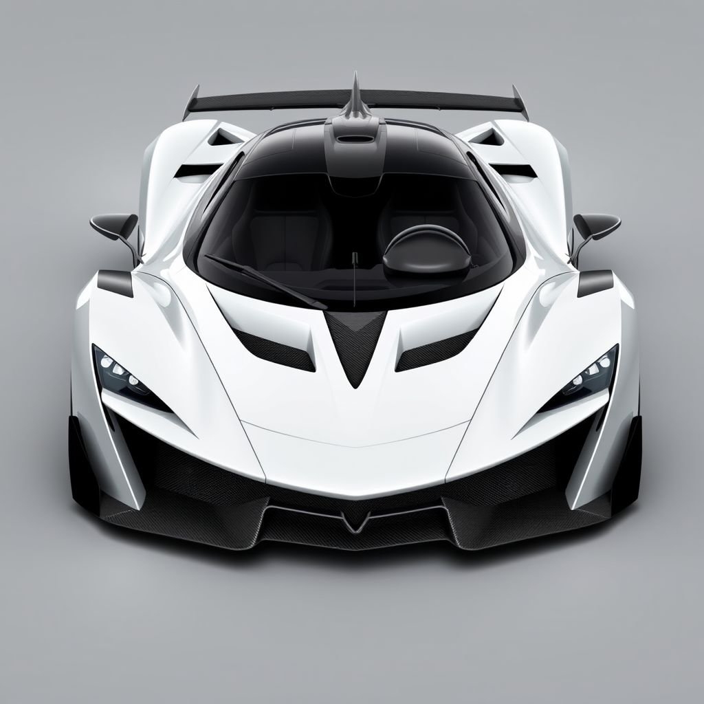 mockup design, Design a mockup for an ultra-aggressive, aerodynamically refined hypercar that embodies pure performance. The car should feature a wide, low stance, sharp angles, a formidable front splitter, and deep air intakes. Showcase a carbon fiber construction, razor-thin LED headlights, a single-seat cockpit, and a striking central fin, perfect for epic racing scenes.