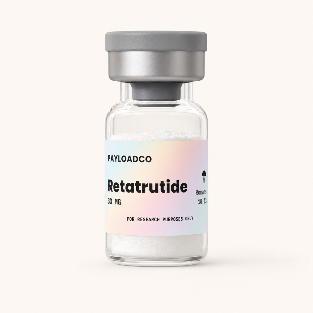 Photorealistic studio product photo of a small 3mL glass pharmaceutical vial with a clear glass body, white lyophilized powder visible inside, a gray aluminum crimp cap with a matching flip-off plastic top, and a rubber stopper underneath the cap. Apply my uploaded label exactly as provided — do not alter, regenerate, or reword any text on it. Vial centered, shot straight-on, soft even studio lighting, subtle soft shadow beneath, clean warm off-white background (hex FBF8F1), minimal reflections, sharp focus on the label, shallow depth of field on the background. No other objects, no hands, no props.