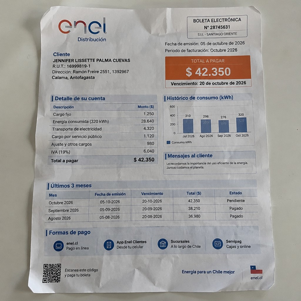 Create a statement, an electricity bill in CHILE. The A4 statement should be realistic, as if it were photographed on a phone. The document should be on a white background. The document must be for the last 3 months of October 2026. The document should contain several transactions and be wrinkled at the edges.
Name JENNIFER LISSETTE PALMA CUEVAS
Address Ramón Freire 2551, 1392967 Calama, Antofagasta
R.U.T. 16999819-1
Date of birth 03.11.1988