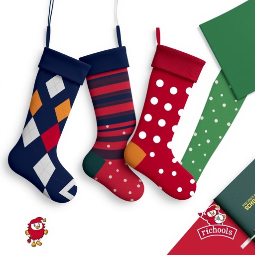 mockup design, Design a vibrant mockup of stylish school stockings featuring a variety of patterns, including argyle, stripes, and polka dots. Showcase these stockings in traditional colors like navy, burgundy, and forest green. Incorporate playful elements such as cartoon mascots or school logos, displayed on a clean, minimalist school-themed background.
