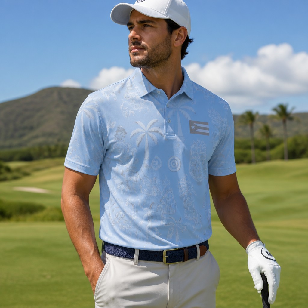 A model wearing a golf polo shirt on a sunlit fairway with rolling green hills in the background, bright clear daylight, three-quarter angle, featuring a light blue shirt with Taino symbols in light gray a small light gray Puerto Rico flag on the left chest also gray palm trees included in the pattern.