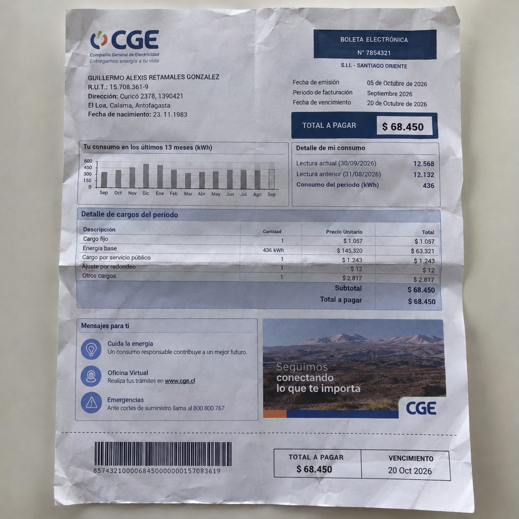 Create a statement, an electricity bill in CHILE. The A4 statement should be realistic, as if it were photographed on a phone. The document should be on a white background. The document must be for the last 3 months of October 2026. The document should contain several transactions and be wrinkled at the edges.
Name GUILLERMO ALEXIS RETAMALES GONZALEZ
Address Curicó 2378, 1390421 El Loa, Calama, Antofagasta
R.U.T. 15708361-9
Date of birth 23.11.1983