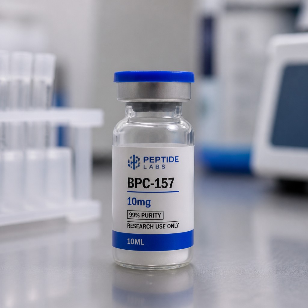 Photorealistic mockup of a 10ml glass peptide vial with a clean professional label and blue flip-off cap, on a laboratory bench, soft clinical lighting, shallow depth of field