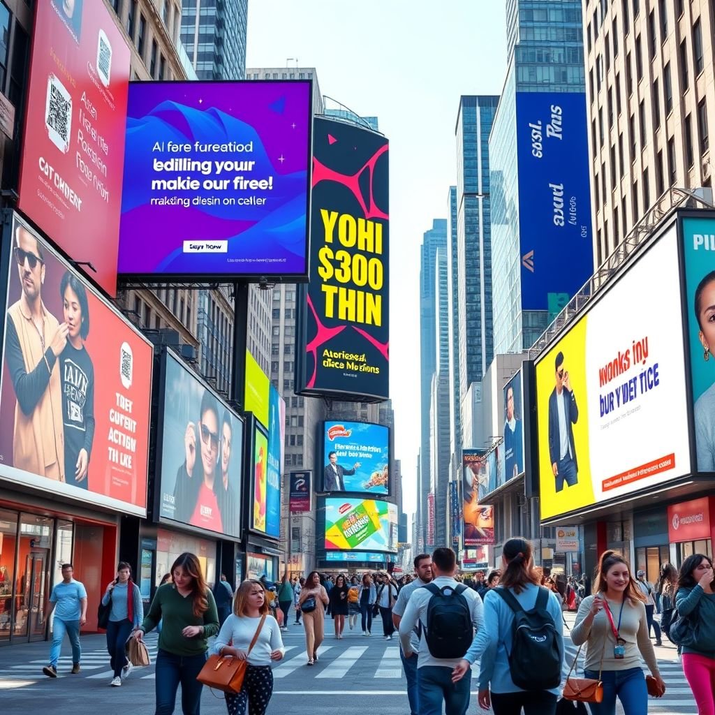 mockup design, Create a vibrant 16:9 mockup design showcasing an urban advertising campaign. The scene features a bustling city street adorned with large, eye-catching billboards. Incorporate diverse pedestrians engaging with various ads, bright colors, and dynamic graphics that reflect the campaign’s theme. Capture the essence of city life and creativity in marketing.
