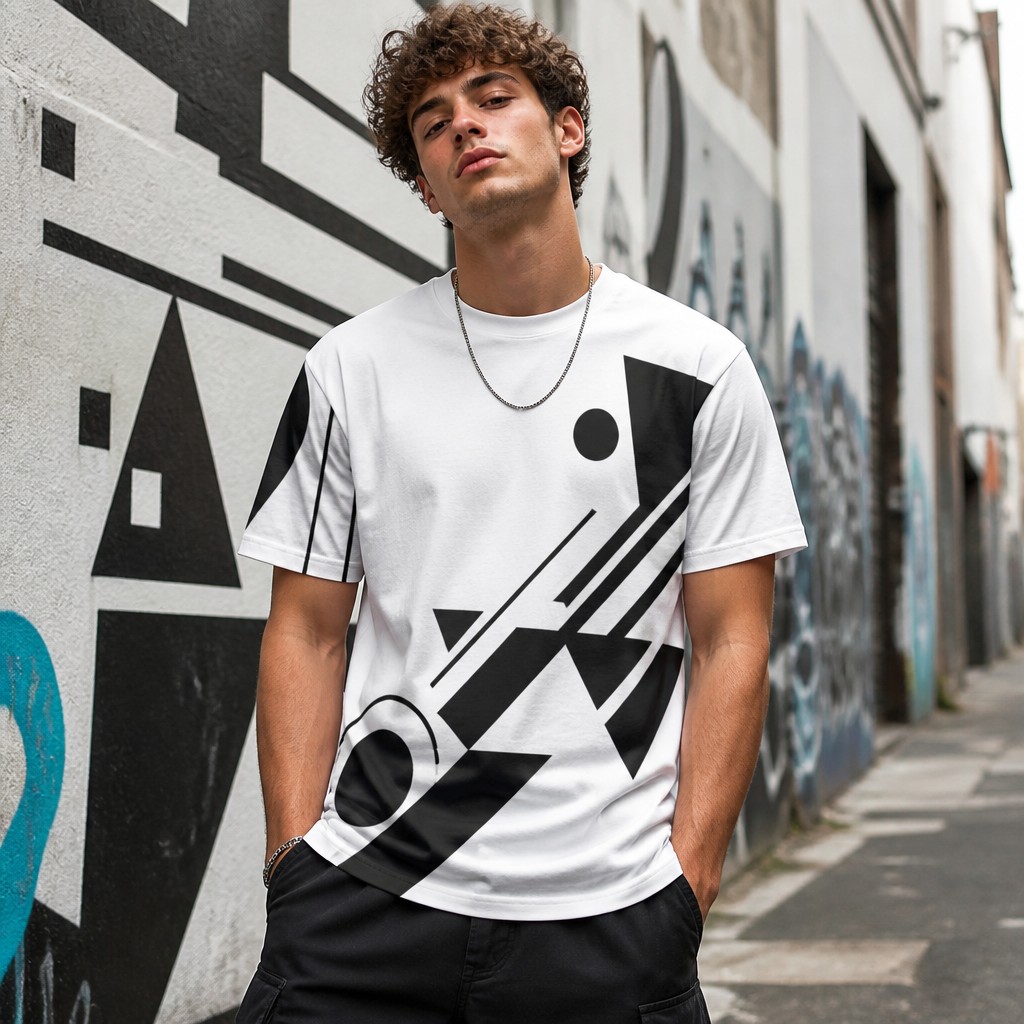 Create a realistic product mockup based on these instructions:
Design a white t-shirt featuring a bold black geometric pattern that incorporates abstract shapes like triangles, circles, and lines, creating a sense of movement. The pattern should extend asymmetrically across the fabric, lending a modern and edgy feel. Ideal for streetwear, this t-shirt should be both stylish and eye-catching.
Create a professional, photorealistic mockup scene. If the instructions mention a design,
artwork, logo, print or graphic, invent an original, fitting design and integrate it onto the
product realistically with proper perspective, lighting and material texture. Only show a clean,
undecorated product if the instructions explicitly ask for a blank or plain product.