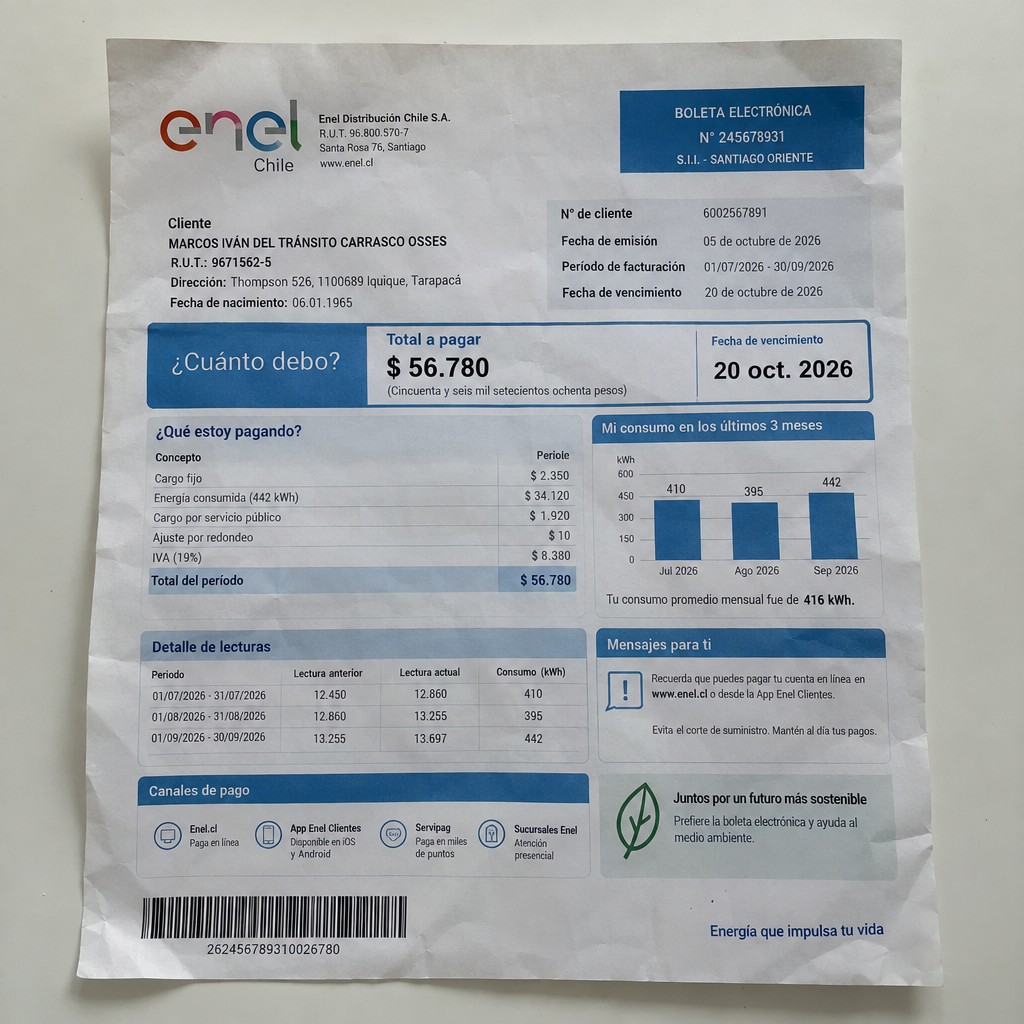 Create a statement, an electricity bill in CHILE. The A4 statement should be realistic, as if it were photographed on a phone. The document should be on a white background. The document must be for the last 3 months of October 2026. The document should contain several transactions and be wrinkled at the edges.
Name MARCOS IVÁN DEL TRÁNSITO CARRASCO OSSES
Address Thompson 526, 1100689 Iquique, Tarapacá
R.U.T. 9671562-5
Date of birth 06.01.1965