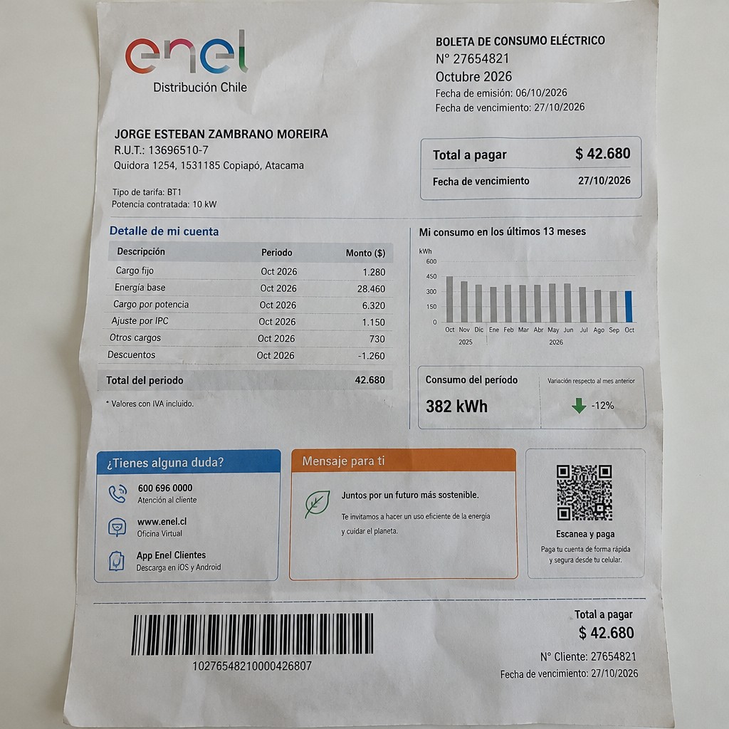 Create a statement, an electricity bill in CHILE. The A4 statement should be realistic, as if it were photographed on a phone. The document should be on a white background. The document must be for the last 3 months of October 2026. The document should contain several transactions and be wrinkled at the edges.
Name JORGE ESTEBAN ZAMBRANO MOREIRA
Address Quidora 1254, 1531185 Copiapó, Atacama
R.U.T. 13696510-7
Date of birth 14.10.1979