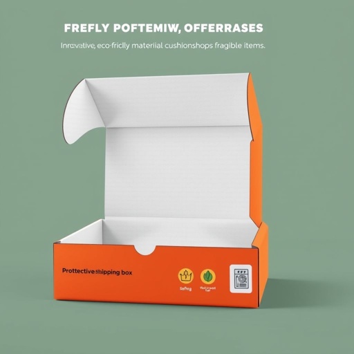 mockup design, Design a protective shipping box featuring an innovative, eco-friendly material that cushions fragile items. Showcase a sleek, modern aesthetic with vibrant colors and clear labeling. Incorporate easy-open flaps and secure sealing mechanisms. Include visual elements like safety icons and environmental badges, emphasizing sustainability while ensuring maximum protection for the contents inside.