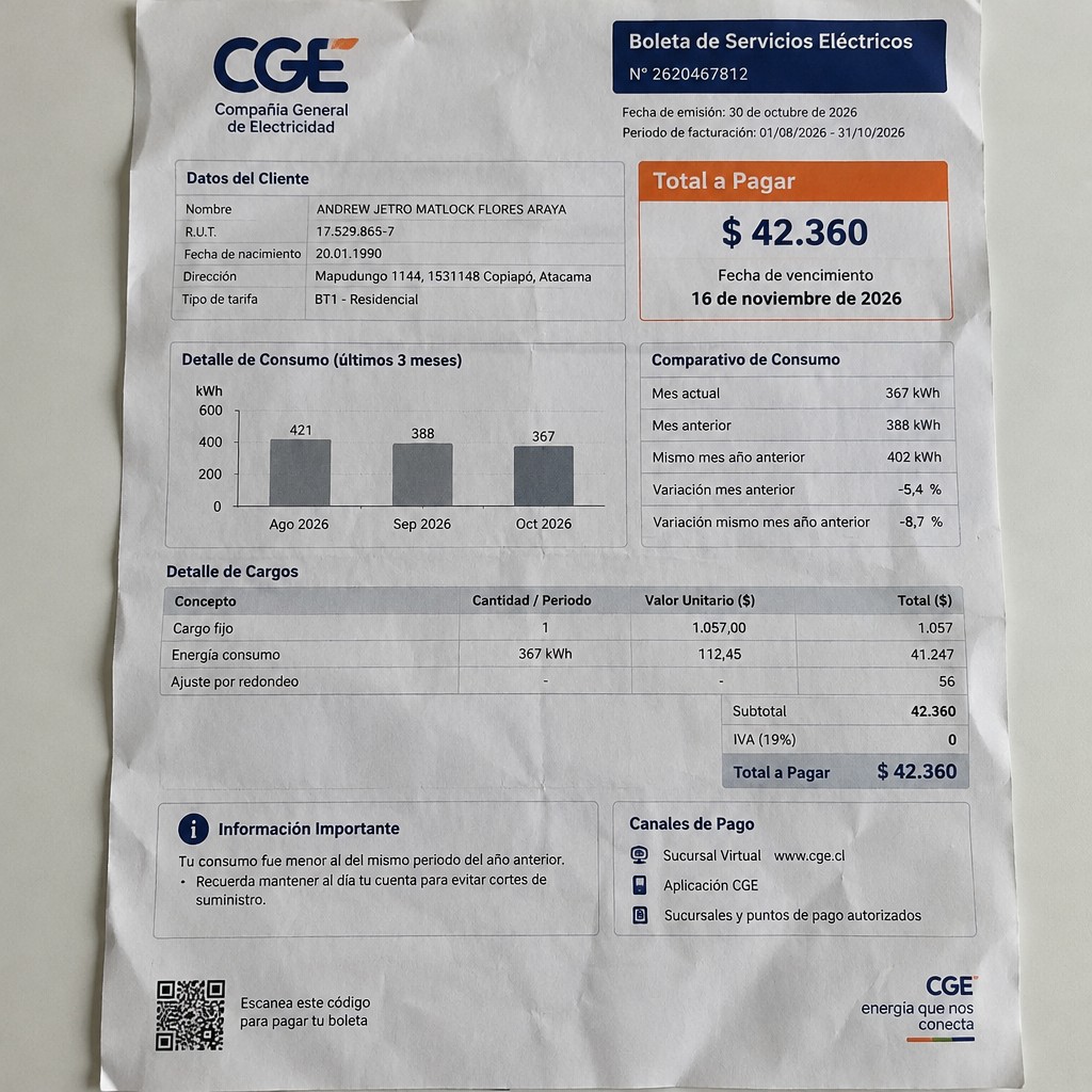 Create a statement, an electricity bill in CHILE. The A4 statement should be realistic, as if it were photographed on a phone. The document should be on a white background. The document must be for the last 3 months of October 2026. The document should contain several transactions and be wrinkled at the edges.
Name ANDREW JETRO MATLOCK FLORES ARAYA
Address Mapudungo 1144, 1531148 Copiapó, Atacama
R.U.T. 17529865-7
Date of birth 20.01.1990
Date of discharge 30.10.2026 (OCTOBER 2026)