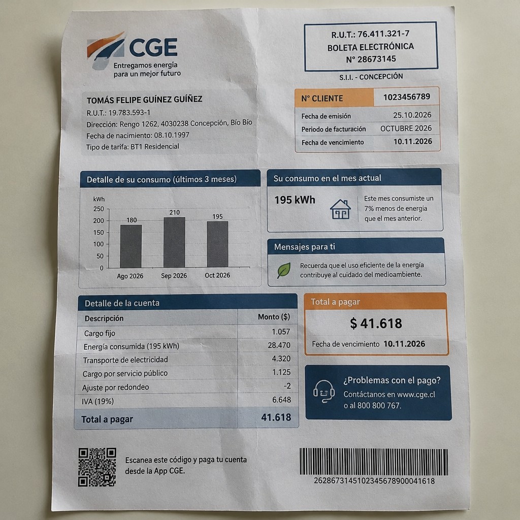 Create a statement, an electricity bill in CHILE. The A4 statement should be realistic, as if it were photographed on a phone. The document should be on a white background. The document must be for the last 3 months of October 2026. The document should contain several transactions and be wrinkled at the edges.
Name TOMÁS FELIPE GUÍNEZ GUÍÑEZ
Address Rengo 1262, 4030238 Concepción, Bío Bío
R.U.T. 19783593-1
Date of birth 08.10.1997
Date of discharge 25.10.2026 (OCTOBER 2026)