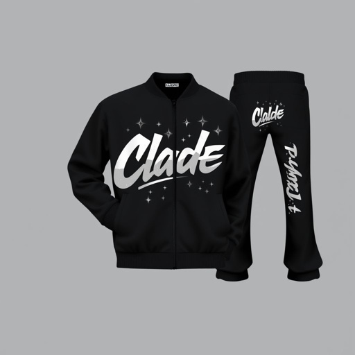 mockup design, Create a sleek mockup of a black flared tracksuit featuring "Clade" emblazoned across the chest in bold, silver sharp graffiti letters. Surround the logo with twinkling stars for a dynamic effect. The trousers should echo this design, displaying "Clade" from pocket to pocket, including an additional logo on the back.