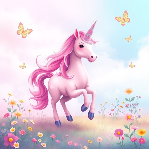 mockup design, Design a vibrant mockup featuring a whimsical pink unicorn prancing through a dreamy landscape. The unicorn, with flowing iridescent mane and sparkling horn, is surrounded by fluttering butterflies and colorful flowers. A soft pastel sky enhances the scene, creating an enchanting atmosphere perfect for children's illustrations or fantasy-themed products.
