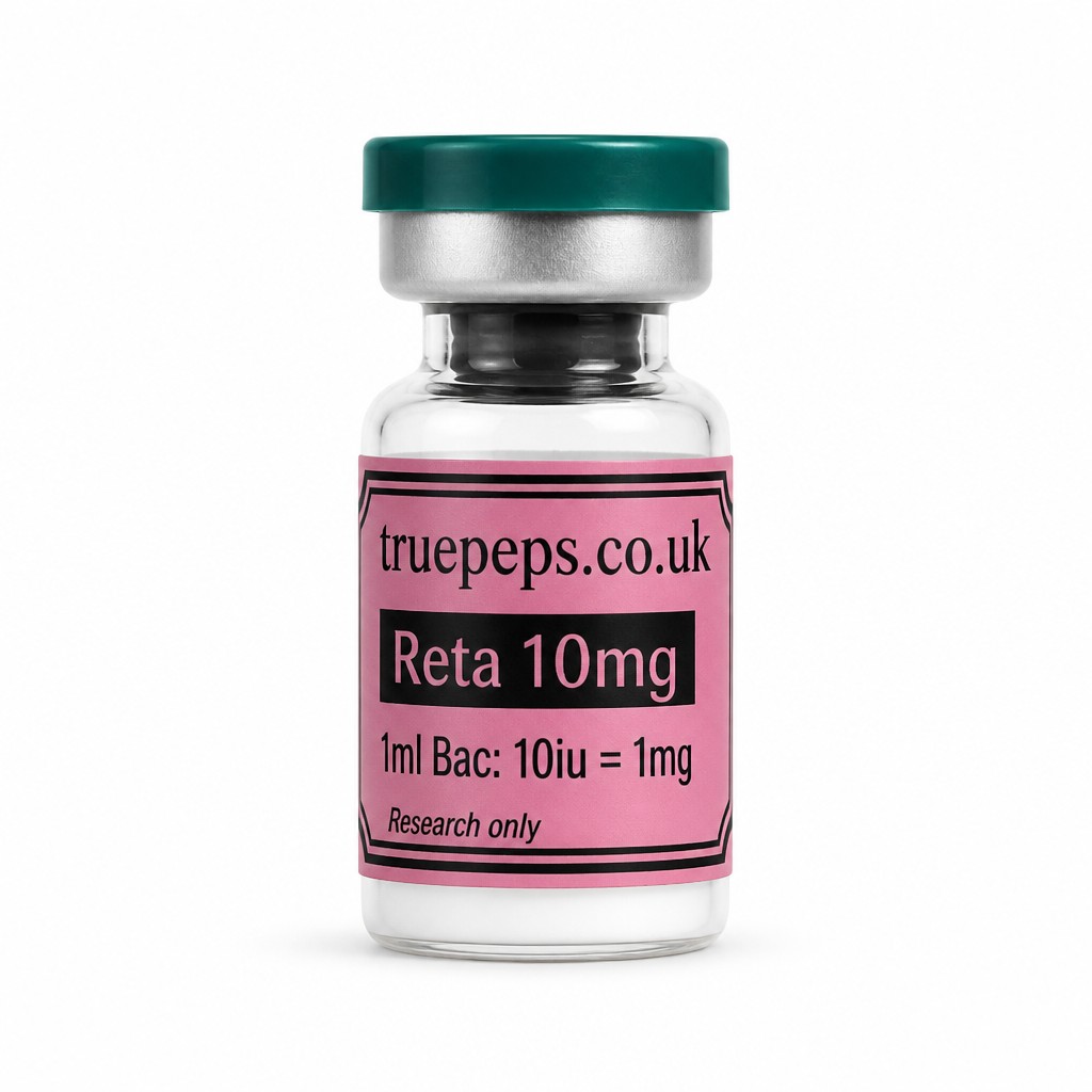 Recreate the exact glass pharmaceutical vial shown in the reference image, with no design changes whatsoever — same teal/green flip-off cap, same silver crimp collar, same clear glass vial, same pink label with black double-line border. Label text must match exactly: "truepeps.co.uk" at the top, a black bar containing "Reta 10mg" in pink text, then "1ml Bac: 10iu = 1mg" below it, and "Research only" in small italic text at the bottom. Do not alter colors, wording, logo, or label layout in any way.
Reframe only: center the vial upright in the middle of the frame, straight-on eye-level angle, full label facing camera and fully legible with no text cut off. Place on a seamless pure white studio background. Soft, even diffused studio lighting with no harsh glare on the glass or cap. Subtle soft realistic shadow directly beneath the vial. Sharp focus throughout, especially the label text. Professional e-commerce product photography style, high detail, 4K.