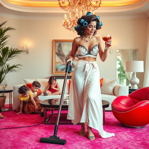 mockup design, Create a whimsical scene of a woman in a luxurious LA mansion. She wears a flowing white silk skirt and a charming bra top, with her brown hair styled in playful blue rollers. As she sips a martini and snacks on olives, she multitasks, vacuuming amidst her playful kids. Bright pink carpet adds warmth, while a sleek modern couch and vibrant red lip-shaped chair complete the chic living room ambiance. Capture the contrast between her elegant attire and the chaotic energy of family life.