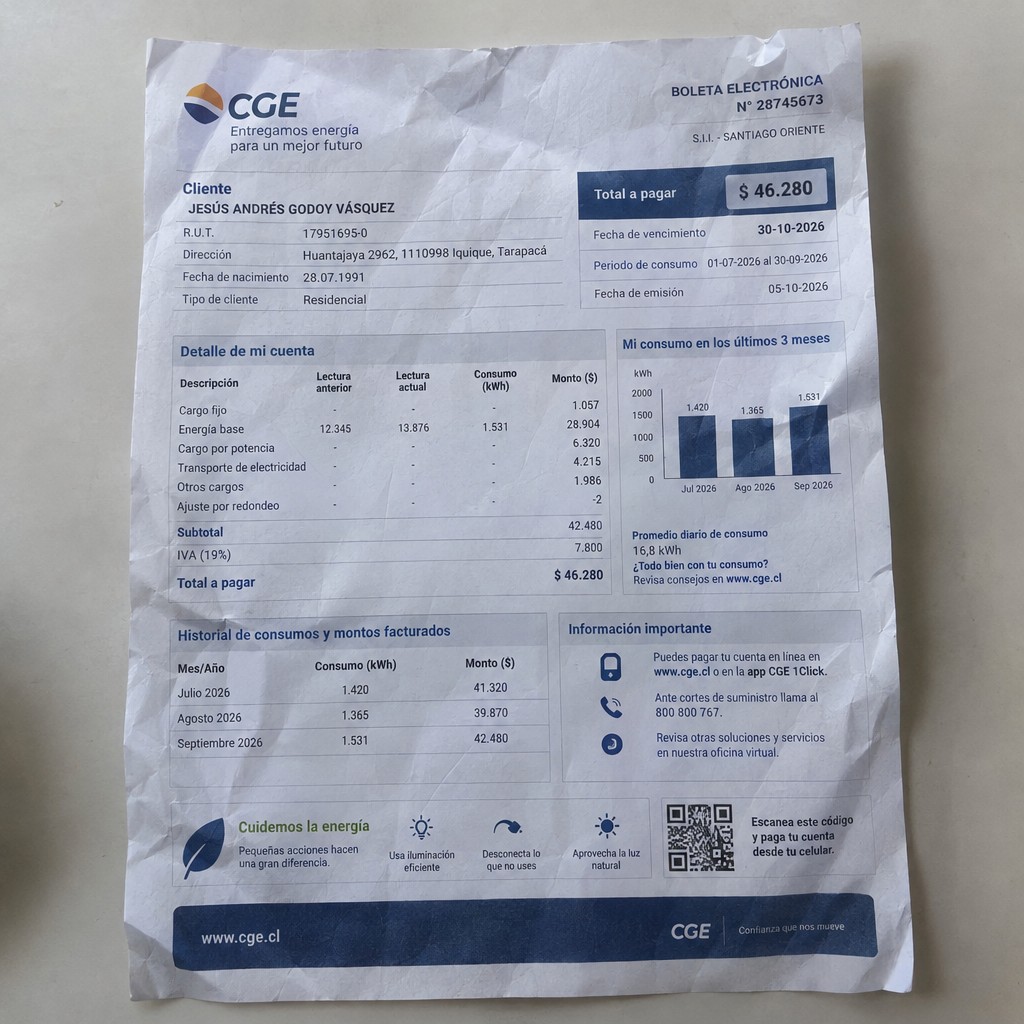 Create a statement, an electricity bill in CHILE. The A4 statement should be realistic, as if it were photographed on a phone. The document should be on a white background. The document must be for the last 3 months of October 2026. The document should contain several transactions and be wrinkled at the edges.
Name JESÚS ANDRÉS GODOY VÁSQUEZ
Address Huantajaya 2962, 1110998 Iquique, Tarapacá
R.U.T. 17951695-0
Date of birth 28.07.1991