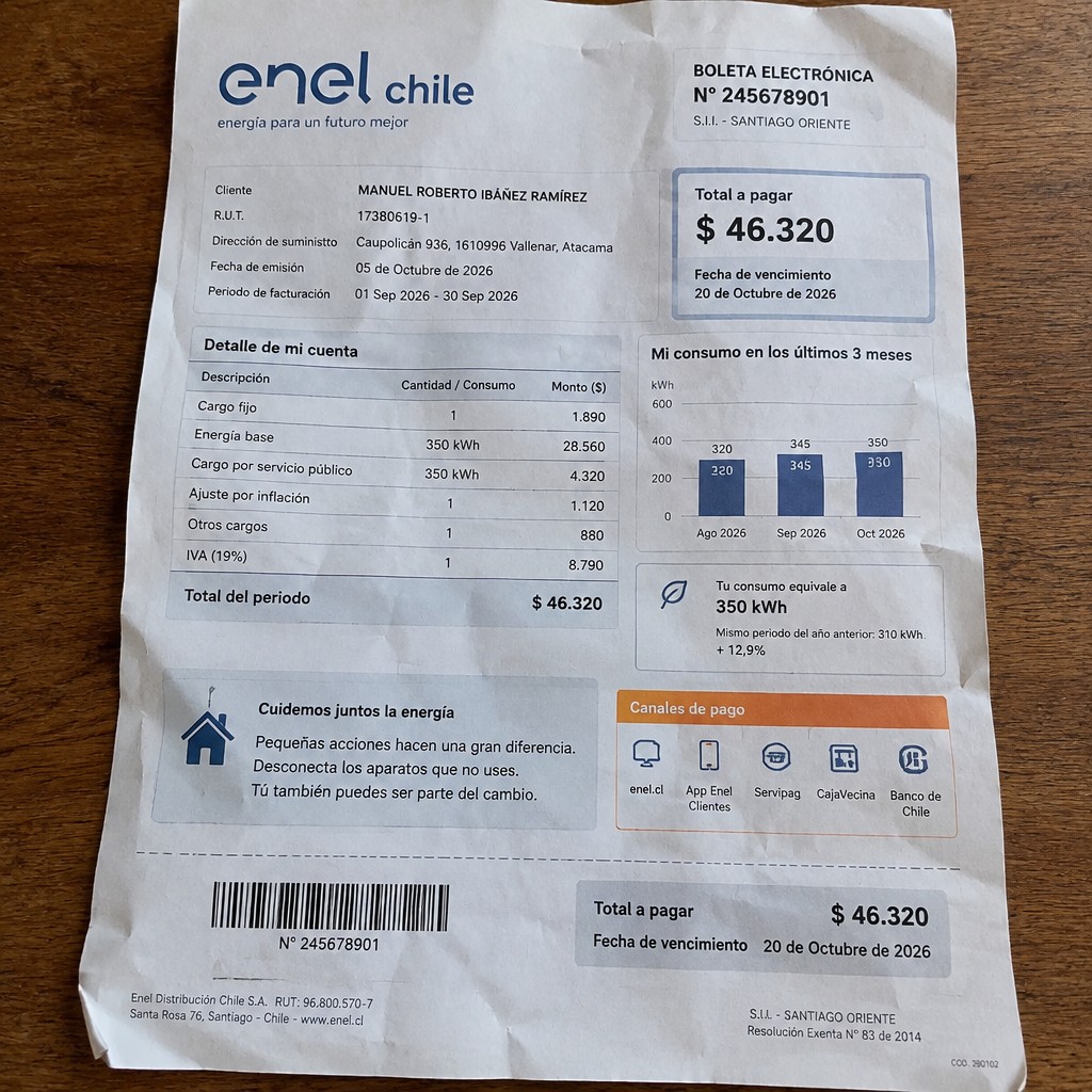 Create a statement, an electricity bill in CHILE. The A4 statement should be realistic, as if it were photographed on a phone. The document should be on a white background. The document must be for the last 3 months of October 2026. The document should contain several transactions and be wrinkled at the edges.
Name MANUEL ROBERTO IBÁÑEZ RAMİREZ
Address Caupolicán 936, 1610996 Vallenar, Atacama
R.U.T. 17380619-1
Date of birth 06.10.1989