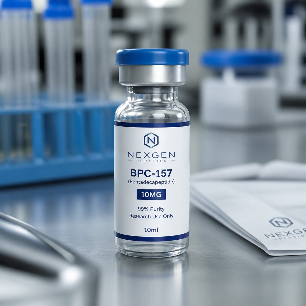 Photorealistic mockup of a 10ml glass peptide vial with a clean professional label and blue flip-off cap, on a laboratory bench, soft clinical lighting, shallow depth of field
