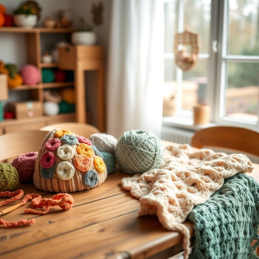 mockup design, Create a vibrant mockup design showcasing a cozy crochet setup. Include an array of colorful yarn balls, intricate crochet patterns, and handmade items like a floral hat and a soft blanket. Set the scene in a warm, inviting room with natural light, emphasizing a rustic wooden table and inviting textures.
