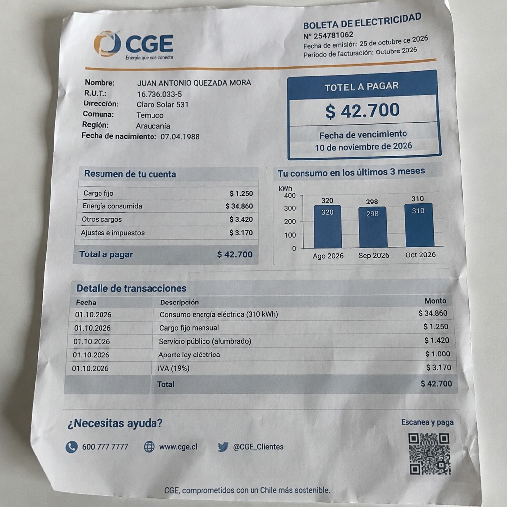 Create a statement, an electricity bill in CHILE. The A4 statement should be realistic, as if it were photographed on a phone. The document should be on a white background. The document must be for the last 3 months of October 2026. The document should contain several transactions and be wrinkled at the edges.
Name JUAN ANTONIO QUEZADA MORA
Address Claro Solar 531, 4791030 Temuco, Araucanía
R.U.T. 16736033-5
Date of birth 07.04.1988
Date of discharge 25.10.2026 (OCTOBER 2026)