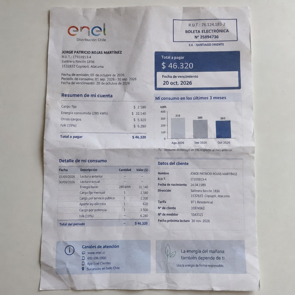 Create a statement, an electricity bill in CHILE. The A4 statement should be realistic, as if it were photographed on a phone. The document should be on a white background. The document must be for the last 3 months of October 2026. The document should contain several transactions and be wrinkled at the edges.
Name JORGE PATRICIO ROJAS MARTÍNEZ
Address Salitrera Rincón 1836, 1532832 Copiapó, Atacama
R.U.T. 17103913-4
Date of birth 24.04.1989