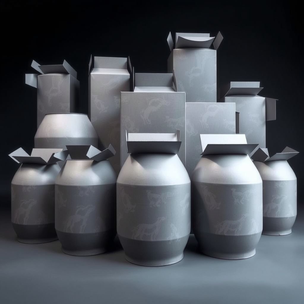 A collection of oversized gray cardboard boxes, featuring rounded shapes and adorned with striking animal print patterns. The matte textures reveal a tactile quality, while several flaps stand open, inviting curiosity. Each box embodies unique dimensions, creating an intriguing display of packaging art, merging functionality with aesthetic allure in a minimalistic environment.