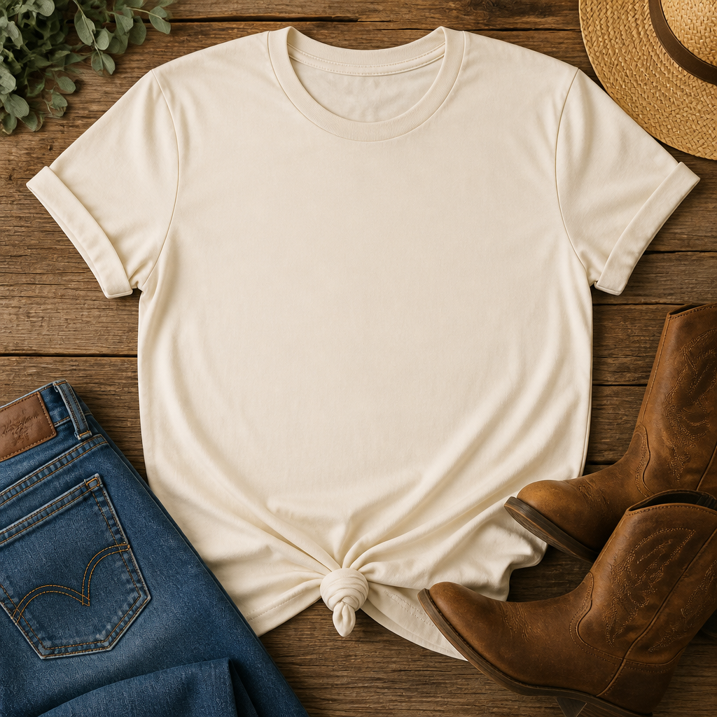Create a realistic product mockup based on these instructions:
Design a t-shirt featuring the phrase "I'm Not a Daddy's Little Girl, I Am a Farmer's Daughter" in bold, rustic lettering. Incorporate elements like vintage tractors, sunflowers, and barn illustrations. Use earthy tones like greens and browns, creating a warm, countryside atmosphere that celebrates farming pride and independence.
Create a professional, photorealistic mockup scene. Since no design image was provided,
show the product/scene with a placeholder or blank surface where a design would typically go.
