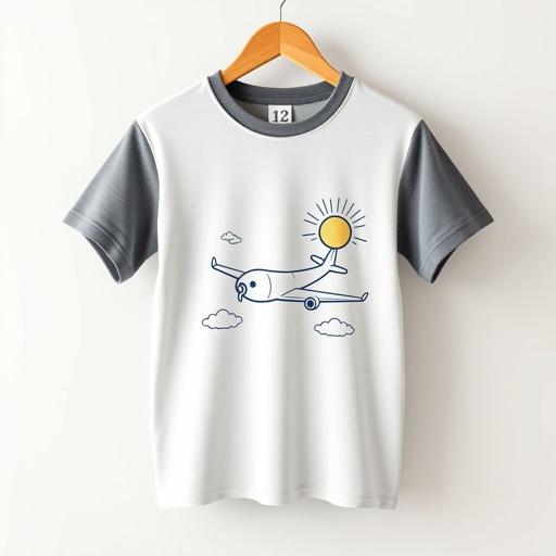 mockup design, Design a mockup of a casual shirt featuring a playful airplane graphic. The shirt should be displayed on a wooden hanger against a soft pastel background. Textured fabric details are visible, with the airplane illustration incorporating elements like clouds and a bright sun. The design evokes a sense of adventure and wanderlust.