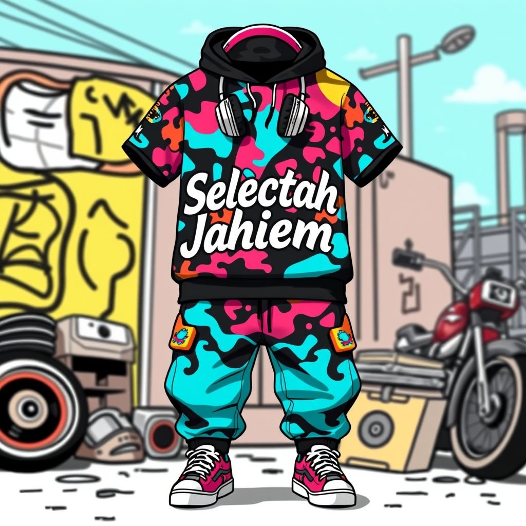 mockup design, Create a vibrant streetwear mockup featuring a stylish full top and pants ensemble. The outfit should showcase bold colors and patterns, complemented by trendy headphones. Integrate the name "Selectah Jahiem" in an eye-catching font across the clothing. Incorporate urban elements in the background to enhance the street style vibe.