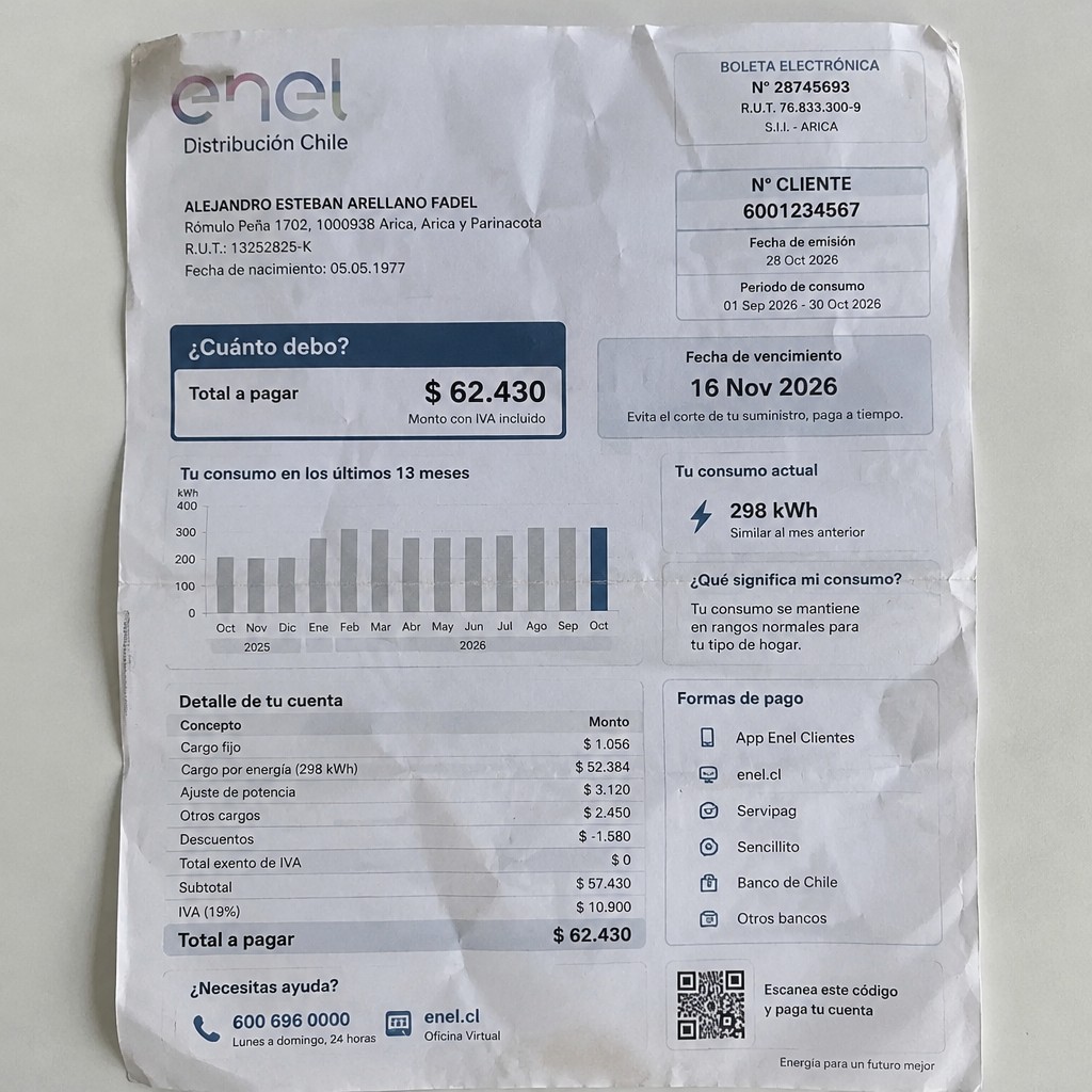 Create a statement, an electricity bill in CHILE. The A4 statement should be realistic, as if it were photographed on a phone. The document should be on a white background. The document must be for the last 3 months of October 2026. The document should contain several transactions and be wrinkled at the edges.
Name ALEJANDRO ESTEBAN ARELLANO FADEL
Address Rómulo Peña 1702, 1000938 Arica, Arica y Parinacota
R.U.T. 13252825-K
Date of birth 05.05.1977