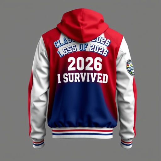mockup design, Design a matric bomber hoodie jacket featuring a striking blend of the school colors: white, blue, and red. This varsity-style jacket showcases "Class of 2026: I SURVIVED" emblazoned on the back. The front right displays a personalized nickname, while a badge is stitched on the left. The sleeves are crisp white for a classic yet creative finish.