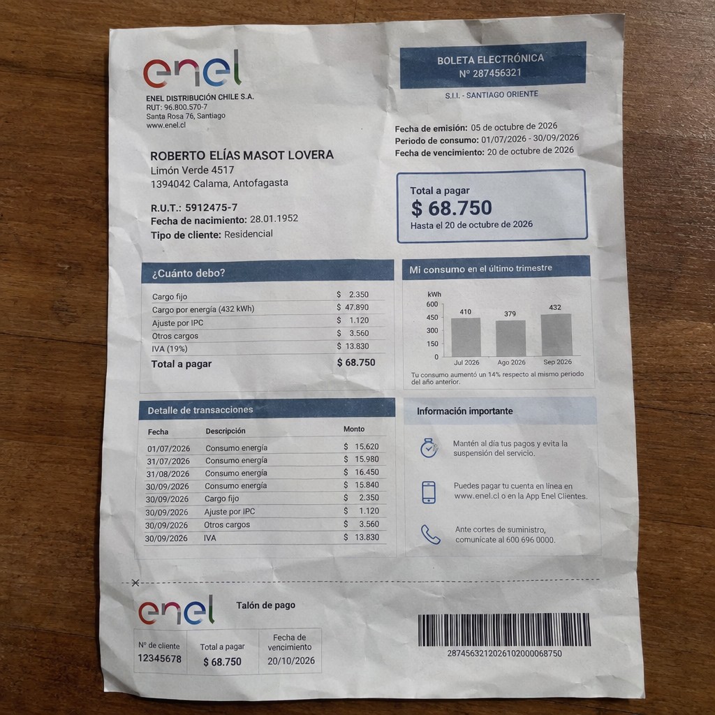 Create a statement, an electricity bill in CHILE. The A4 statement should be realistic, as if it were photographed on a phone. The document should be on a white background. The document must be for the last 3 months of October 2026. The document should contain several transactions and be wrinkled at the edges.
Name ROBERTO ELÍAS MASOT LOVERA
Address Limón Verde 4517, 1394042 Calama, Antofagasta
R.U.T. 5912475-7
Date of birth 28.01.1952