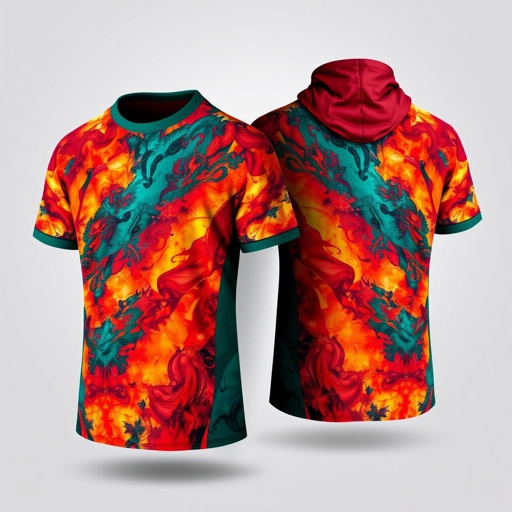 mockup design, Create a captivating full sublimation mockup design featuring a stylish garment. The front displays a vibrant, abstract pattern in warm hues, while the back showcases elegant text in a contrasting color, such as rich burgundy or deep emerald. The overall design should evoke sophistication and allure, without any text on the front.
