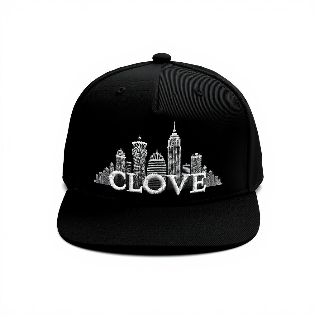 mockup design, Create a sleek mockup design featuring a stylish black hat, prominently displaying the "CLOVE" brand name in an elegant font. Behind the brand name, embroider a detailed skyline silhouette in all-white thread, adding depth and urban flair. Ensure the contrast between the black fabric and white embroidery enhances visibility and aesthetic appeal.