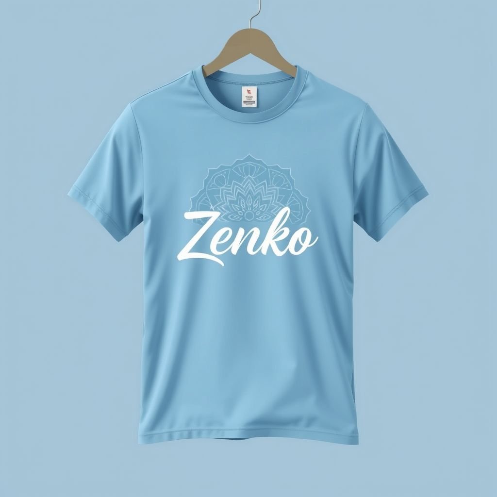 mockup design, Créez un mockup de t-shirt moderne et tendance, arborant le nom "Zenko" dans une typographie élégante et minimaliste. Utilisez des couleurs apaisantes comme le bleu clair et le blanc, avec des motifs de vagues fluides ou de mandalas subtils en arrière-plan. Le tissu doit sembler doux et respirant, parfait pour le confort quotidien.