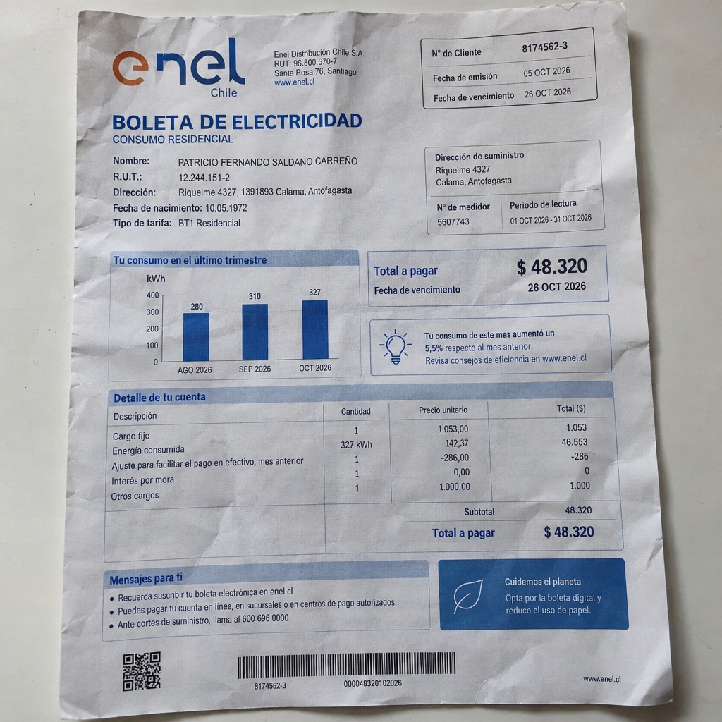Create a statement, an electricity bill in CHILE. The A4 statement should be realistic, as if it were photographed on a phone. The document should be on a white background. The document must be for the last 3 months of October 2026. The document should contain several transactions and be wrinkled at the edges.
Name PATRICIO FERNANDO SALDANO CARREÑO
Address Riquelme 4327, 1391893 Calama, Antofagasta
R.U.T. 12244151-2
Date of birth 10.05.1972