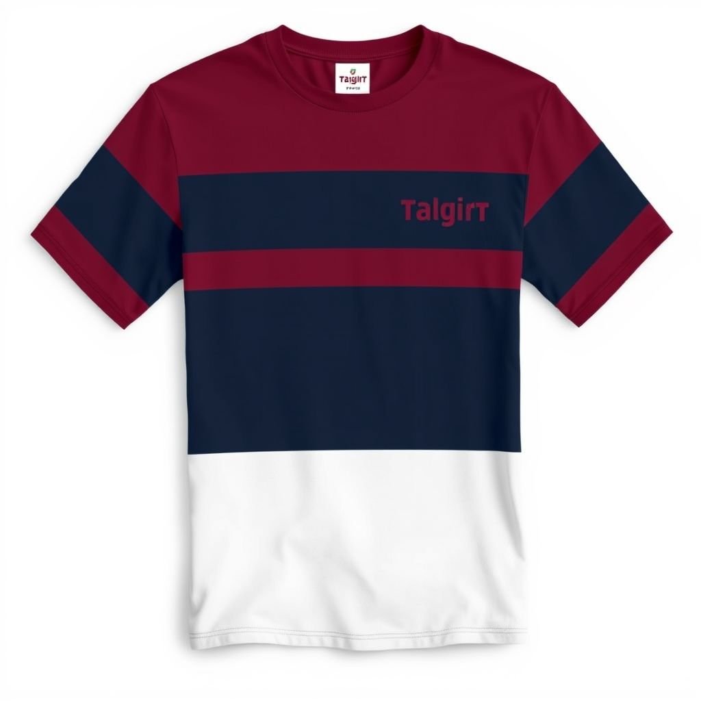 mockup design, Create a mockup design for a striped T-shirt featuring bold burgundy and dark blue horizontal stripes. The fabric should have a slight texture, with realistic shadows and highlights. Showcase the shirt on a simple, light-colored background to highlight its colors, and include a stylish label tag for branding.