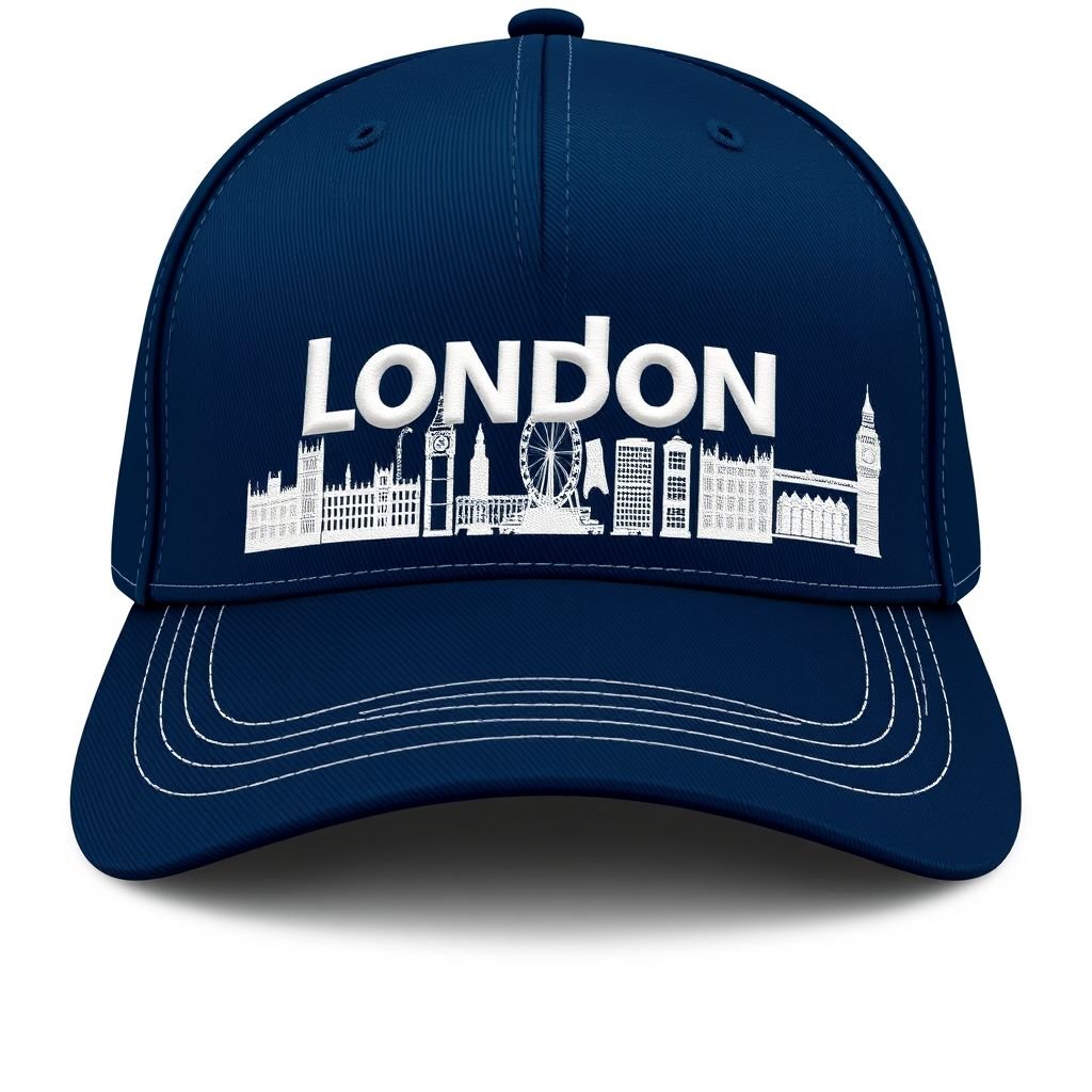 mockup design, Design a stylish cap featuring an embroidered name section on the front, allowing for customization. Behind the name, showcase a detailed London skyline silhouette, capturing iconic landmarks like the Big Ben and the London Eye. Utilize a deep navy blue color for the hat, contrasting elegantly with the white embroidery.