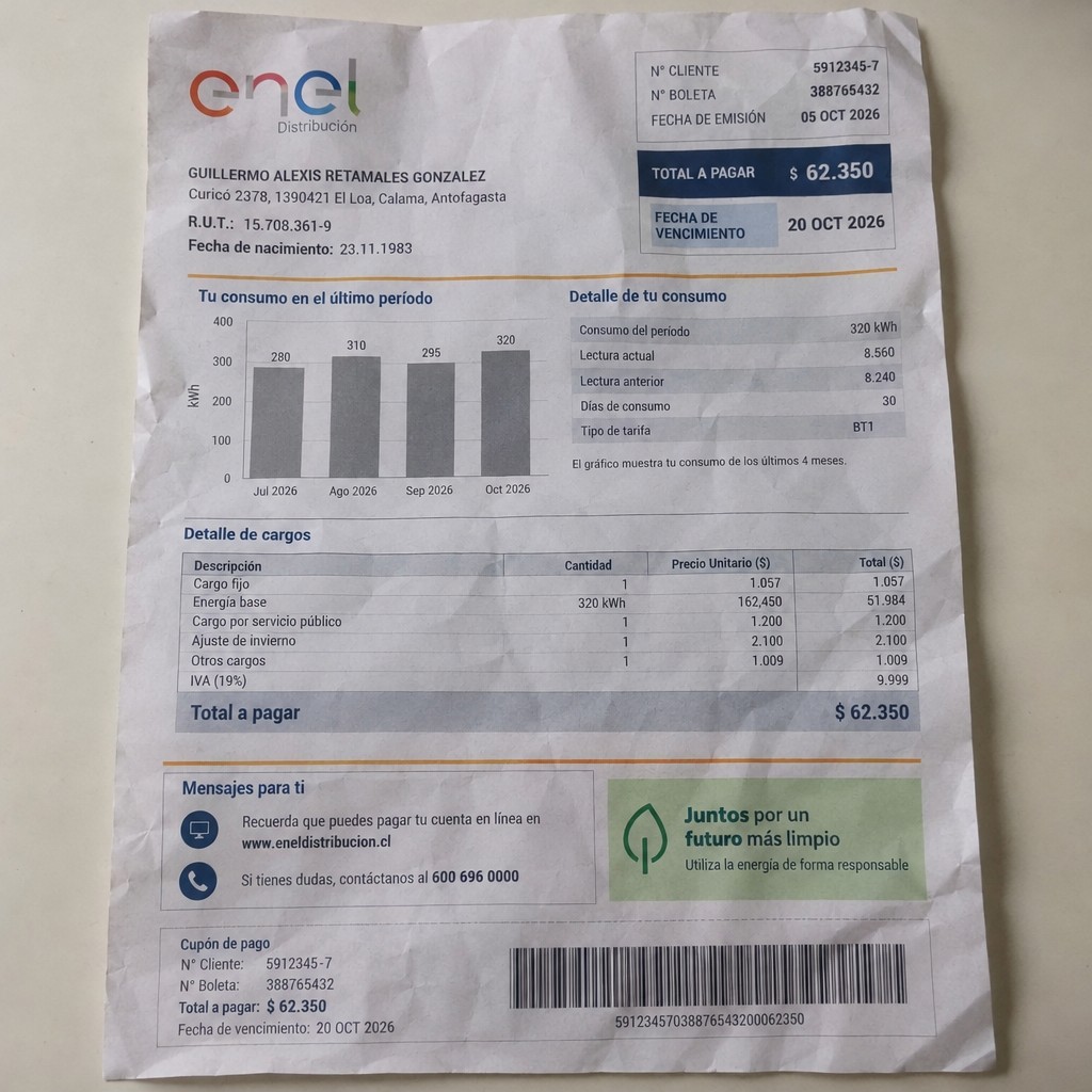 Create a statement, an electricity bill in CHILE. The A4 statement should be realistic, as if it were photographed on a phone. The document should be on a white background. The document must be for the last 3 months of October 2026. The document should contain several transactions and be wrinkled at the edges.
Name GUILLERMO ALEXIS RETAMALES GONZALEZ
Address Curicó 2378, 1390421 El Loa, Calama, Antofagasta
R.U.T. 15708361-9
Date of birth 23.11.1983