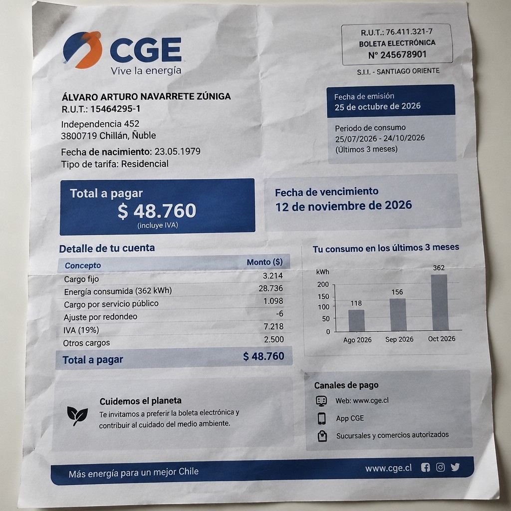 Create a statement, an electricity bill in CHILE. The A4 statement should be realistic, as if it were photographed on a phone. The document should be on a white background. The document must be for the last 3 months of October 2026. The document should contain several transactions and be wrinkled at the edges.
Name ÁLVARO ARTURO NAVARRETE ZÚNIGA
Address Independencia 452, 3800719 Chillán, Ñuble
R.U.T. 15464295-1
Date of birth 23.05.1979
Date of discharge 25.10.2026 (OCTOBER 2026)
