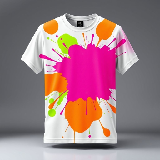 mockup design, Create a vibrant T-shirt mockup featuring bold, oversized splashes of neon colors. The design should incorporate playful and dynamic shapes, blending hues like electric pink, lime green, and bright orange across the entire fabric. Showcase the T-shirt against a contrasting background that enhances the brightness and energy of the colors.