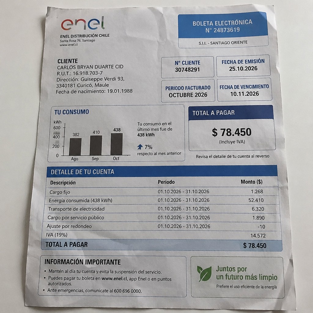 Create a statement, an electricity bill in CHILE. The A4 statement should be realistic, as if it were photographed on a phone. The document should be on a white background. The document must be for the last 3 months of October 2026. The document should contain several transactions and be wrinkled at the edges.
Name CARLOS BRYAN DUARTE CID
Adress Guiseppe Verdi 93, 3340181 Curicó, Maule
R.U.T. 16918703-7
Date of birth 19.01.1988
Date of discharge 25.10.2026 (OCTOBER 2026)