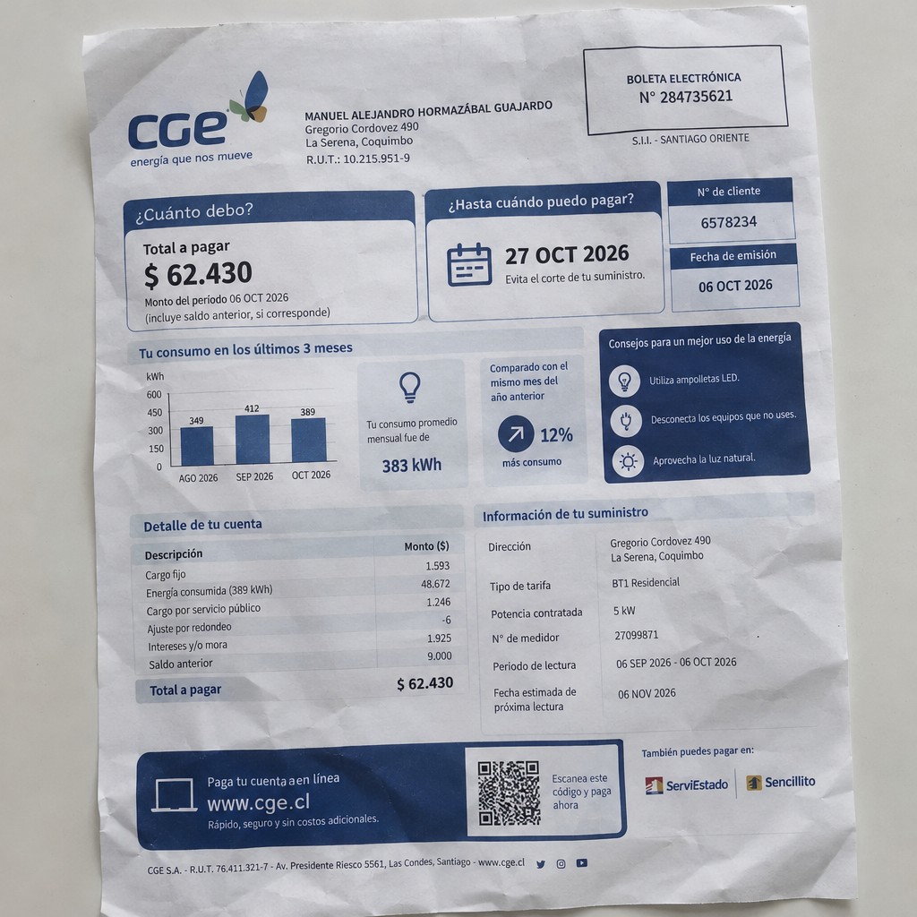 Create a statement, an electricity bill in CHILE. The A4 statement should be realistic, as if it were photographed on a phone. The document should be on a white background. The document must be for the last 3 months of October 2026. The document should contain several transactions and be wrinkled at the edges.
Name MANUEL ALEJANDRO HORMAZÁBAL GUAJARDO
Address Gregorio Cordovez 490, 1710105 La Serena, Coquimbo
R.U.T. 10215951-9
Date of birth 26.08.1970