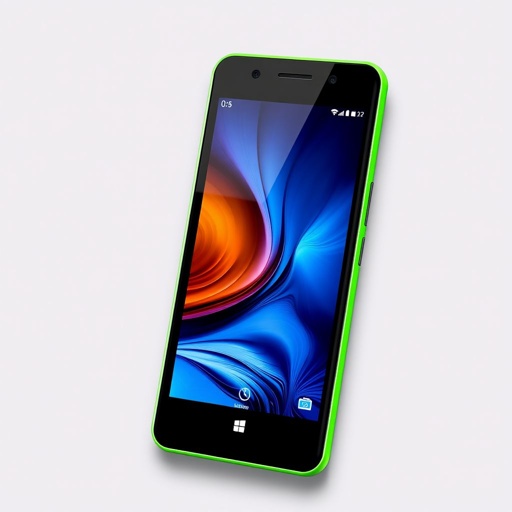 A sleek Nokia Lumia 950, vibrant green casing, glossy plastic finish. 5.0-inch screen radiating clarity, showcasing vivid images. Powerful 50 MP camera nestled seamlessly at the back. A robust 5000 mAh battery emblematic of endurance. Dual SIM functionality, Firefox OS logo subtly present, all within a mid-range price elegance.