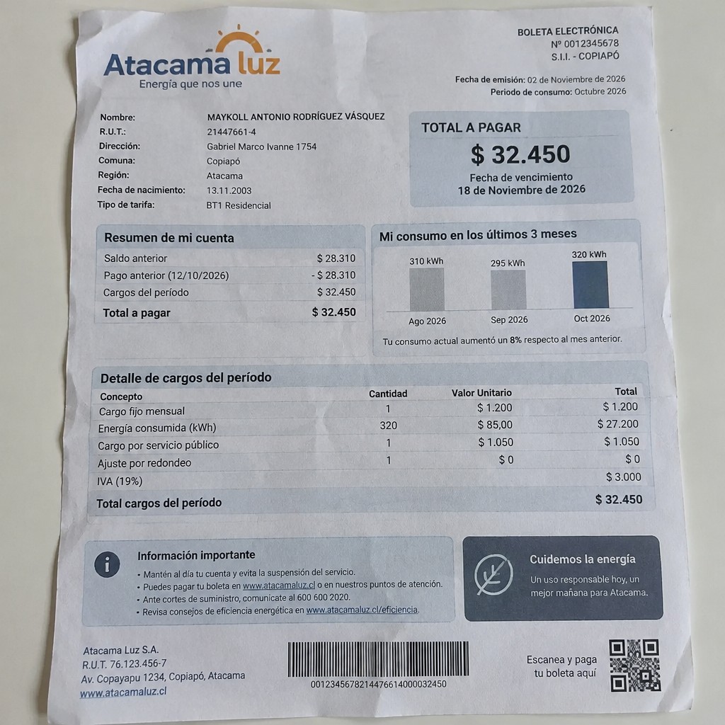 Create a statement, an electricity bill in CHILE. The A4 statement should be realistic, as if it were photographed on a phone. The document should be on a white background. The document must be for the last 3 months of October 2026. The document should contain several transactions and be wrinkled at the edges.
Name MAYKOLL ANTONIO RODRÍGUEZ VÁSQUEZ
Address Gabriel Marco Ivanne 1754, 1531165 Copiapó, Atacama
R.U.T. 21447661-4
Date of birth 13.11.2003