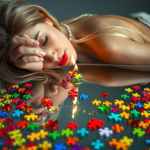 mockup design, Create a surreal scene featuring a model with flowing blonde hair, elegantly reclined beneath a sleek, transparent glass table. In her left hand, she delicately holds a burning matchstick igniting a vibrant puzzle piece, while an array of colorful, scattered puzzle pieces adorns the table's surface, casting intriguing reflections.