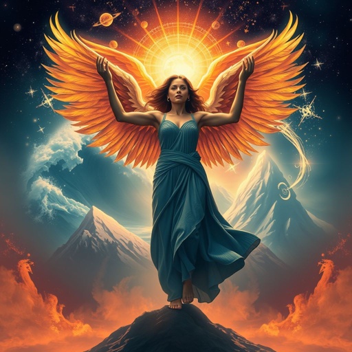 mockup design, Create a captivating mockup design featuring a powerful woman at the center, embodying resilience and strength. In her graceful stance, she carries the universe like wings. Behind her, illustrate a dynamic riptide, a cascading avalanche, and a majestic phoenix, symbolizing transformation and overcoming adversity, all illuminated by a cosmic glow.